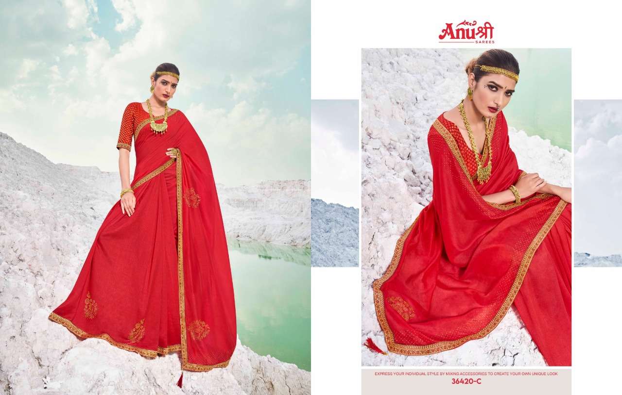 NARGIS BY ANUSHREE 36420-A TO 36420-H SERIES INDIAN TRADITIONAL WEAR COLLECTION BEAUTIFUL STYLISH FANCY COLORFUL PARTY WEAR & OCCASIONAL WEAR GEORGETTE EMBROIDERED SAREES AT WHOLESALE PRICE