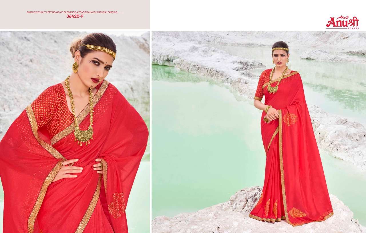 NARGIS BY ANUSHREE 36420-A TO 36420-H SERIES INDIAN TRADITIONAL WEAR COLLECTION BEAUTIFUL STYLISH FANCY COLORFUL PARTY WEAR & OCCASIONAL WEAR GEORGETTE EMBROIDERED SAREES AT WHOLESALE PRICE
