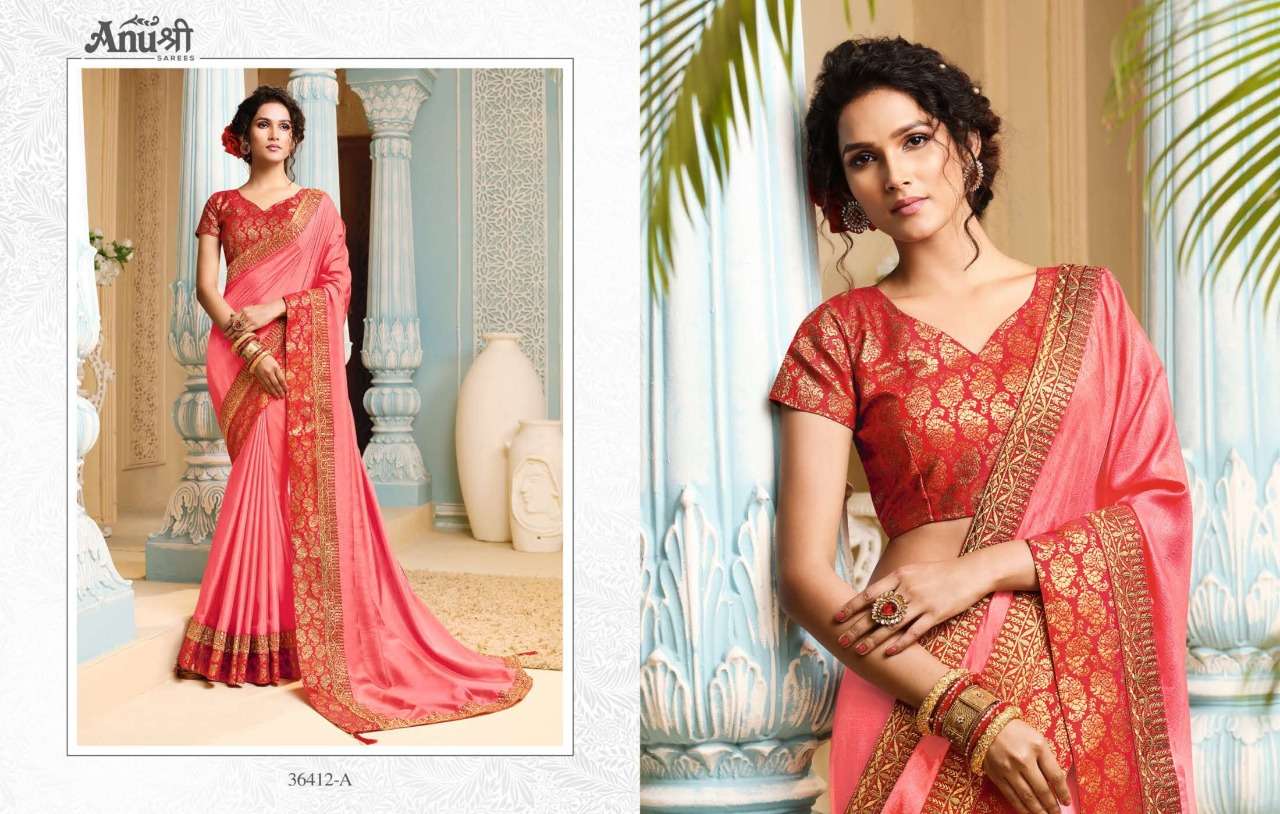 JAY LALITA BY ANUSHREE 36412-A TO 36412-H SERIES INDIAN TRADITIONAL WEAR COLLECTION BEAUTIFUL STYLISH FANCY COLORFUL PARTY WEAR & OCCASIONAL WEAR CHINNON SILK SAREES AT WHOLESALE PRICE