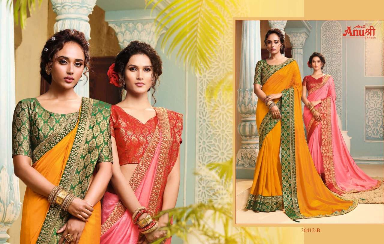 JAY LALITA BY ANUSHREE 36412-A TO 36412-H SERIES INDIAN TRADITIONAL WEAR COLLECTION BEAUTIFUL STYLISH FANCY COLORFUL PARTY WEAR & OCCASIONAL WEAR CHINNON SILK SAREES AT WHOLESALE PRICE