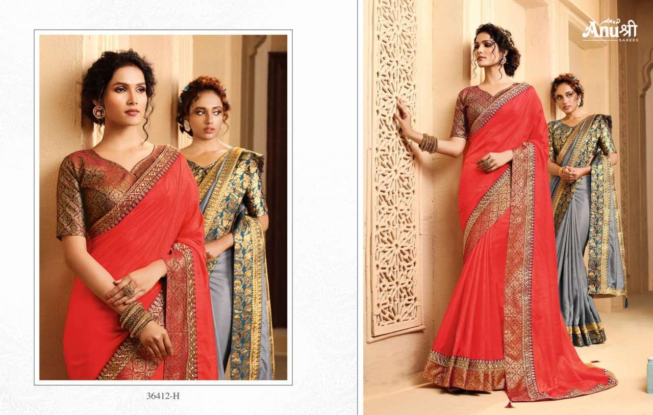JAY LALITA BY ANUSHREE 36412-A TO 36412-H SERIES INDIAN TRADITIONAL WEAR COLLECTION BEAUTIFUL STYLISH FANCY COLORFUL PARTY WEAR & OCCASIONAL WEAR CHINNON SILK SAREES AT WHOLESALE PRICE