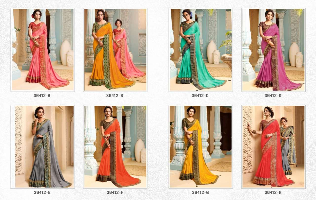 JAY LALITA BY ANUSHREE 36412-A TO 36412-H SERIES INDIAN TRADITIONAL WEAR COLLECTION BEAUTIFUL STYLISH FANCY COLORFUL PARTY WEAR & OCCASIONAL WEAR CHINNON SILK SAREES AT WHOLESALE PRICE