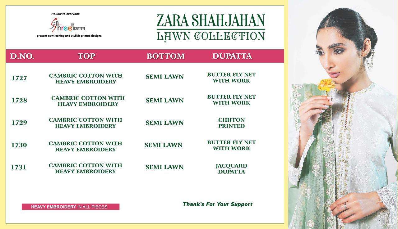 ZARA SHAHJAHAN LAWN COLLECTION BY SHREE FABS 1727 TO 1731 SERIES BEAUTIFUL PAKISTANI SUITS STYLISH COLORFUL FANCY CASUAL WEAR & ETHNIC WEAR CAMBRIC COTTON WITH EMBROIDERY DRESSES AT WHOLESALE PRICE