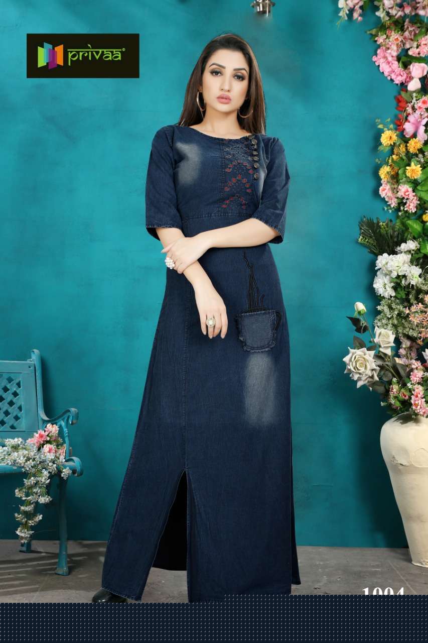 DENIM GOWN BY PRIVAA 1003 TO 1006 SERIES DESIGNER STYLISH FANCY COLORFUL BEAUTIFUL PARTY WEAR & ETHNIC WEAR COLLECTION PURE DENIM COTTON GOWNS AT WHOLESALE PRICE