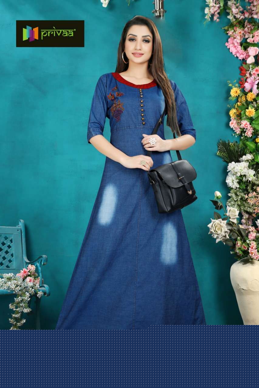DENIM GOWN BY PRIVAA 1003 TO 1006 SERIES DESIGNER STYLISH FANCY COLORFUL BEAUTIFUL PARTY WEAR & ETHNIC WEAR COLLECTION PURE DENIM COTTON GOWNS AT WHOLESALE PRICE