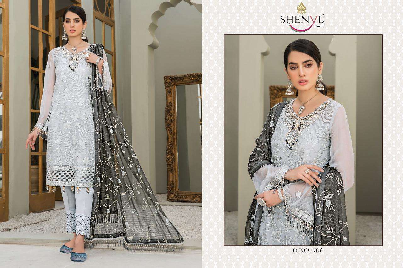 MARYAMS GOLD BY SHENYL FAB 1701 TO 1706 SERIES DESIGNER PAKISTANI SUITS BEAUTIFUL STYLISH FANCY COLORFUL PARTY WEAR & OCCASIONAL WEAR FAUX GEORGETTE EMBROIDERY DRESSES AT WHOLESALE PRICE