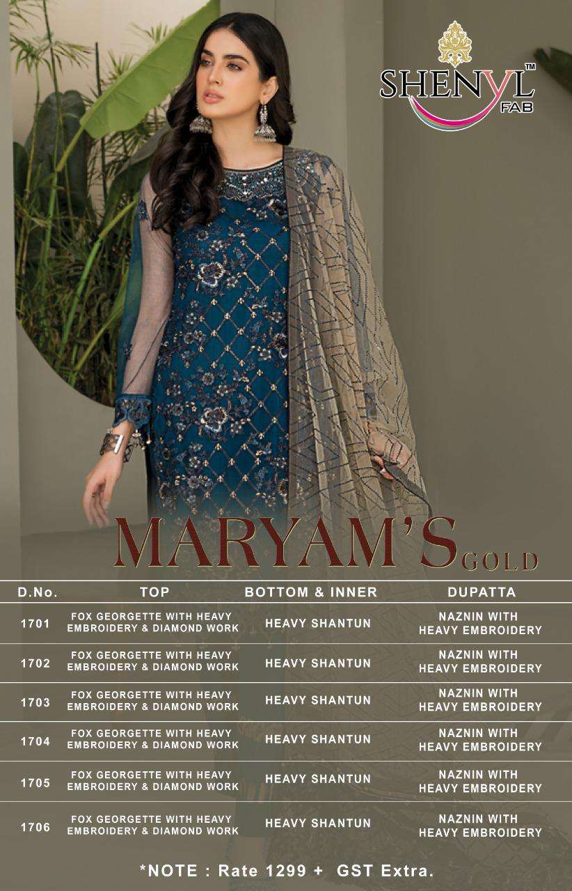 MARYAMS GOLD BY SHENYL FAB 1701 TO 1706 SERIES DESIGNER PAKISTANI SUITS BEAUTIFUL STYLISH FANCY COLORFUL PARTY WEAR & OCCASIONAL WEAR FAUX GEORGETTE EMBROIDERY DRESSES AT WHOLESALE PRICE