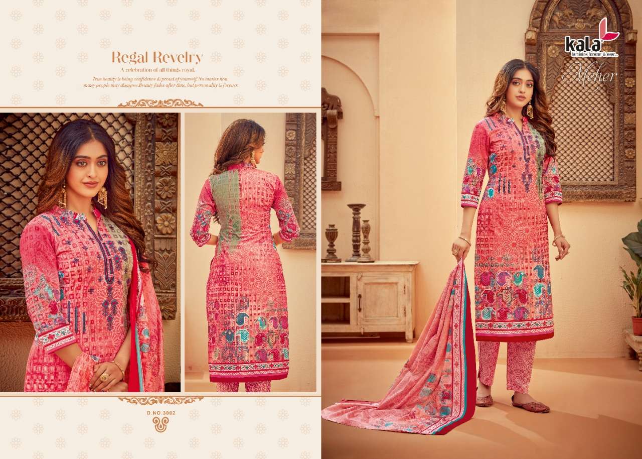 MEHER VOL-5 BY KALA 3001 TO 3012 SERIES BEAUTIFUL SUITS STYLISH FANCY COLORFUL PARTY WEAR & OCCASIONAL WEAR PURE PREMIUM COTTON DIGITAL PRINTED DRESSES AT WHOLESALE PRICE