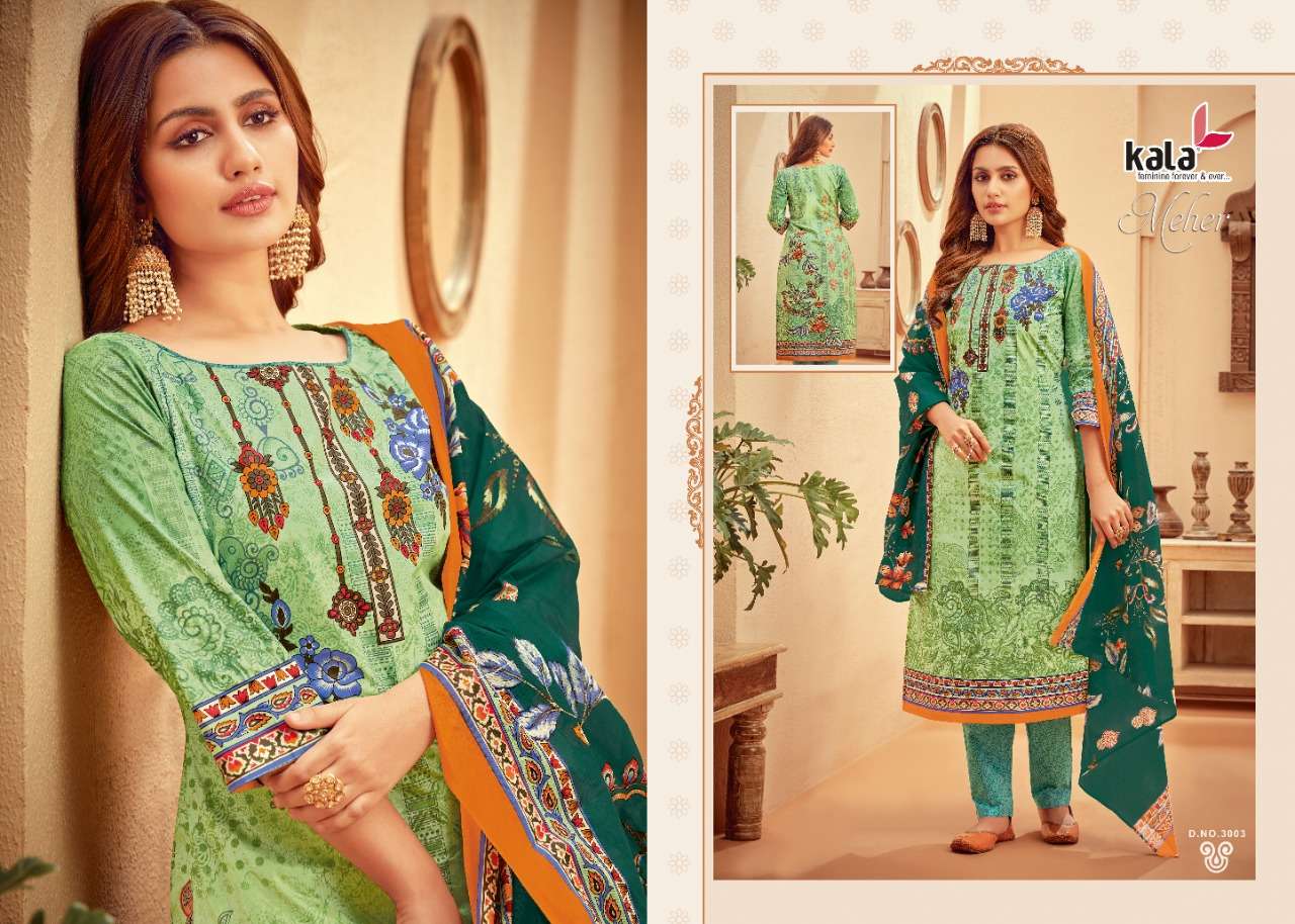 MEHER VOL-5 BY KALA 3001 TO 3012 SERIES BEAUTIFUL SUITS STYLISH FANCY COLORFUL PARTY WEAR & OCCASIONAL WEAR PURE PREMIUM COTTON DIGITAL PRINTED DRESSES AT WHOLESALE PRICE