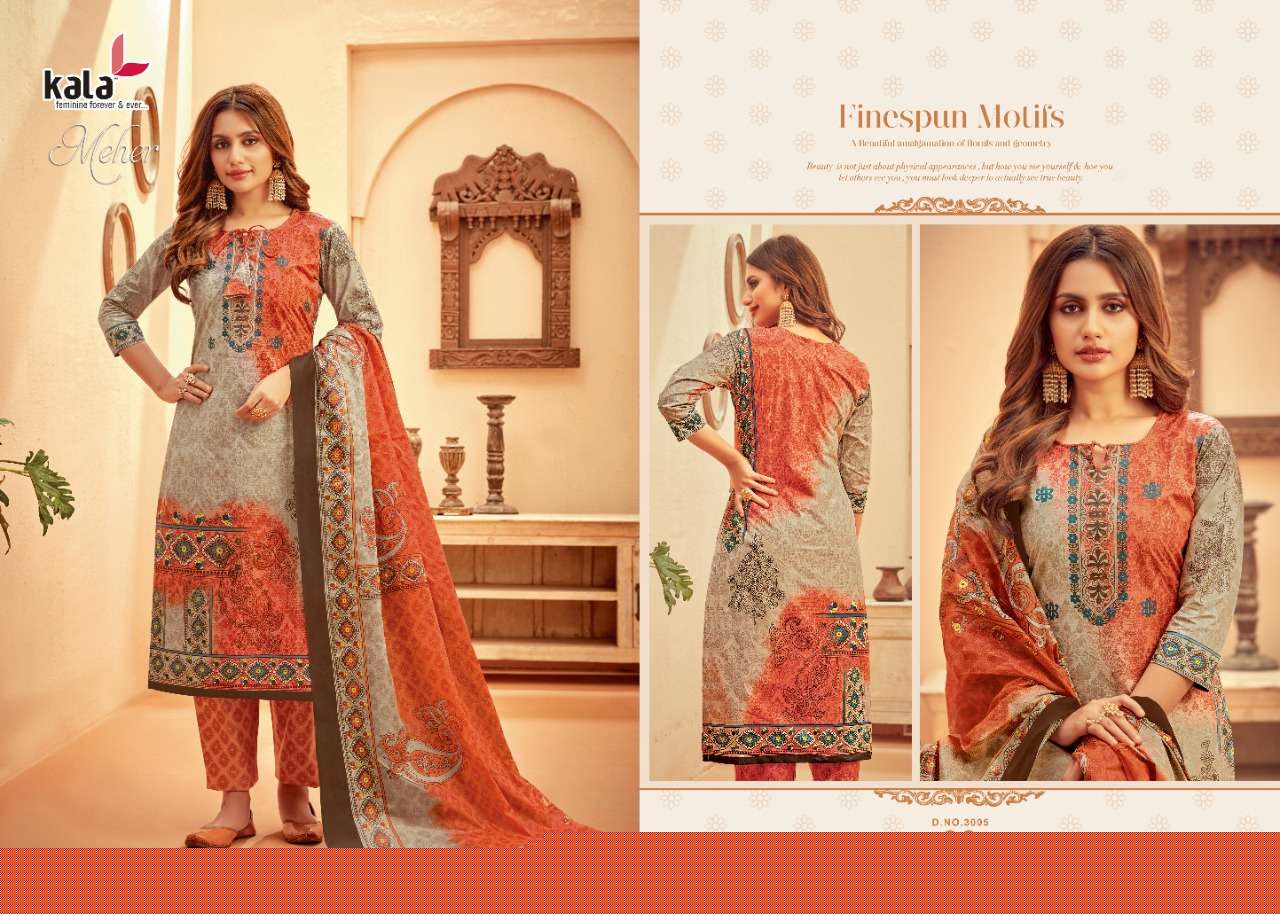 MEHER VOL-5 BY KALA 3001 TO 3012 SERIES BEAUTIFUL SUITS STYLISH FANCY COLORFUL PARTY WEAR & OCCASIONAL WEAR PURE PREMIUM COTTON DIGITAL PRINTED DRESSES AT WHOLESALE PRICE