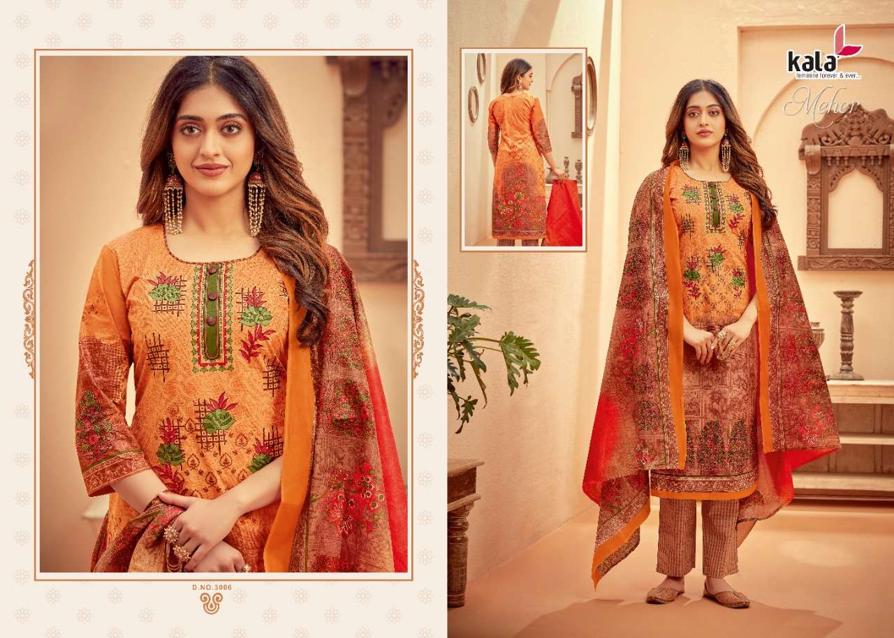 MEHER VOL-5 BY KALA 3001 TO 3012 SERIES BEAUTIFUL SUITS STYLISH FANCY COLORFUL PARTY WEAR & OCCASIONAL WEAR PURE PREMIUM COTTON DIGITAL PRINTED DRESSES AT WHOLESALE PRICE