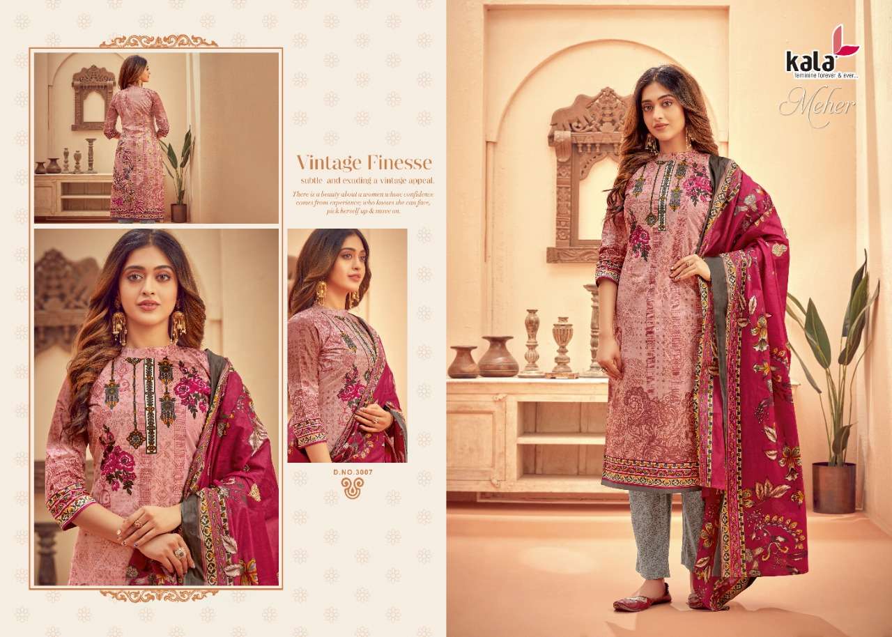 MEHER VOL-5 BY KALA 3001 TO 3012 SERIES BEAUTIFUL SUITS STYLISH FANCY COLORFUL PARTY WEAR & OCCASIONAL WEAR PURE PREMIUM COTTON DIGITAL PRINTED DRESSES AT WHOLESALE PRICE