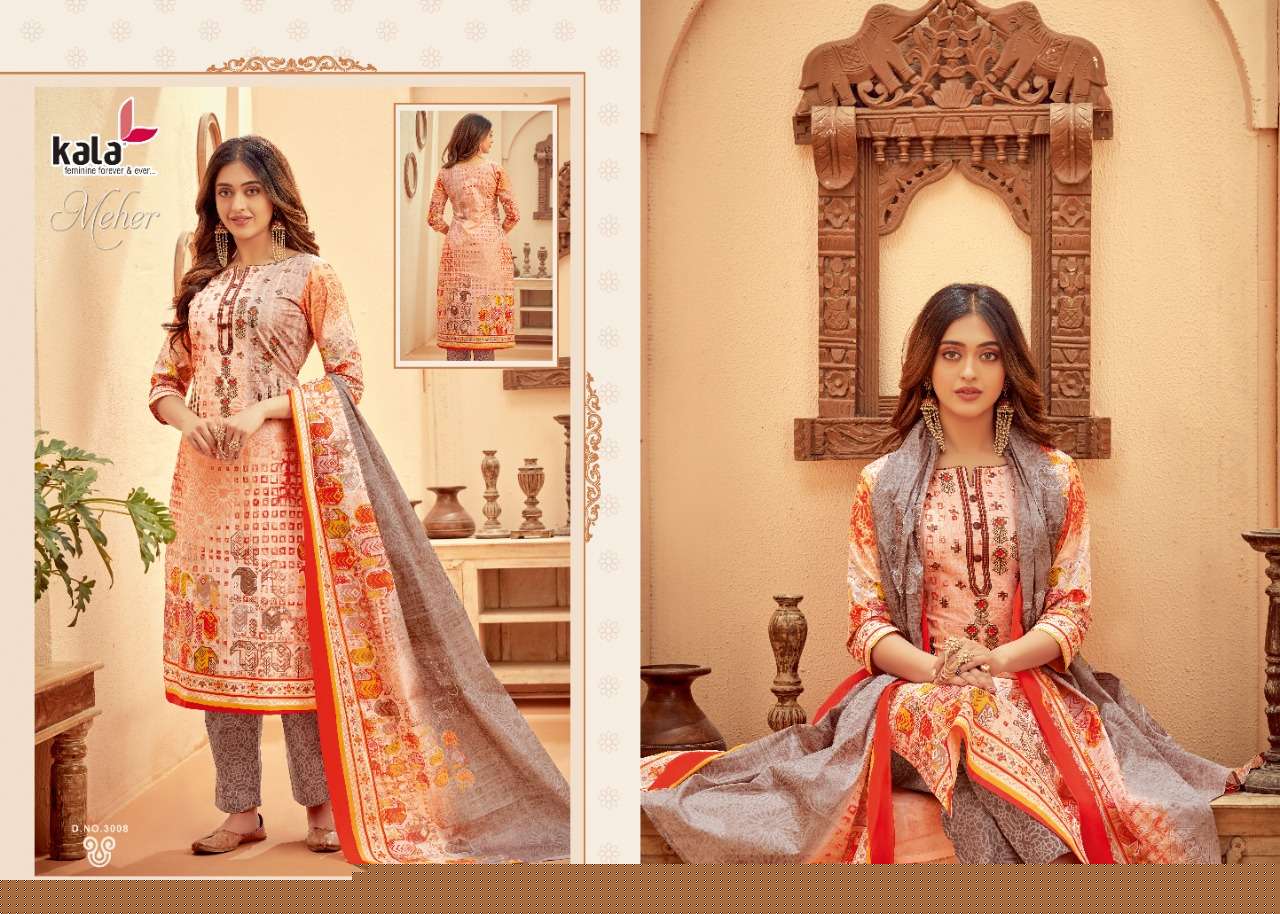 MEHER VOL-5 BY KALA 3001 TO 3012 SERIES BEAUTIFUL SUITS STYLISH FANCY COLORFUL PARTY WEAR & OCCASIONAL WEAR PURE PREMIUM COTTON DIGITAL PRINTED DRESSES AT WHOLESALE PRICE