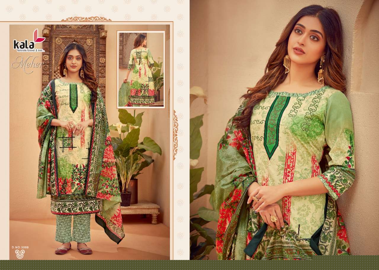 MEHER VOL-5 BY KALA 3001 TO 3012 SERIES BEAUTIFUL SUITS STYLISH FANCY COLORFUL PARTY WEAR & OCCASIONAL WEAR PURE PREMIUM COTTON DIGITAL PRINTED DRESSES AT WHOLESALE PRICE