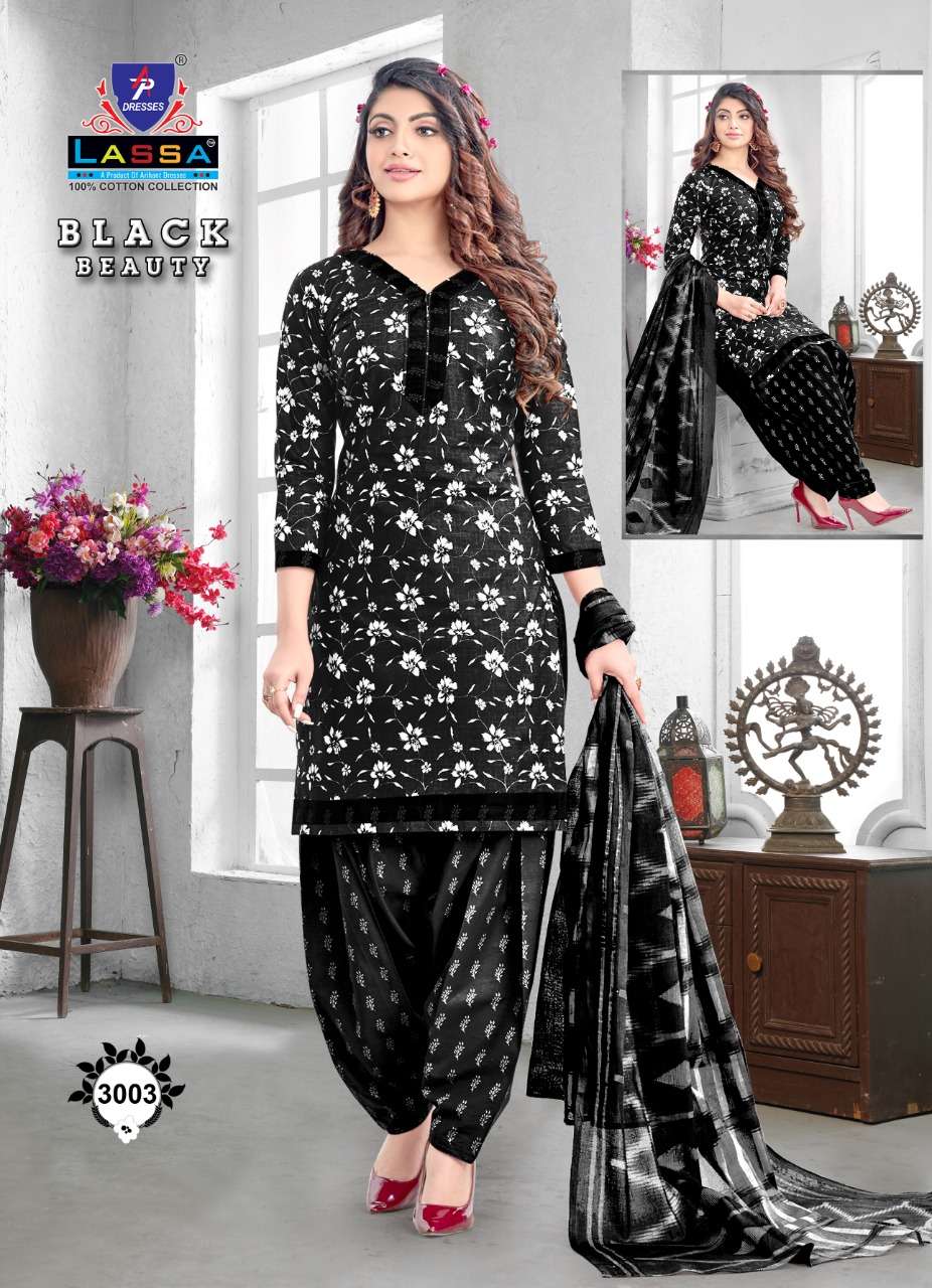 BLACK BEAUTY PATIYALA BY LASSA 3001 TO 3010 SERIES BEAUTIFUL SUITS COLORFUL STYLISH FANCY CASUAL WEAR & ETHNIC WEAR PURE COTTON DRESSES AT WHOLESALE PRICE