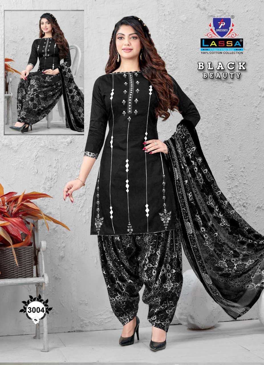 BLACK BEAUTY PATIYALA BY LASSA 3001 TO 3010 SERIES BEAUTIFUL SUITS COLORFUL STYLISH FANCY CASUAL WEAR & ETHNIC WEAR PURE COTTON DRESSES AT WHOLESALE PRICE