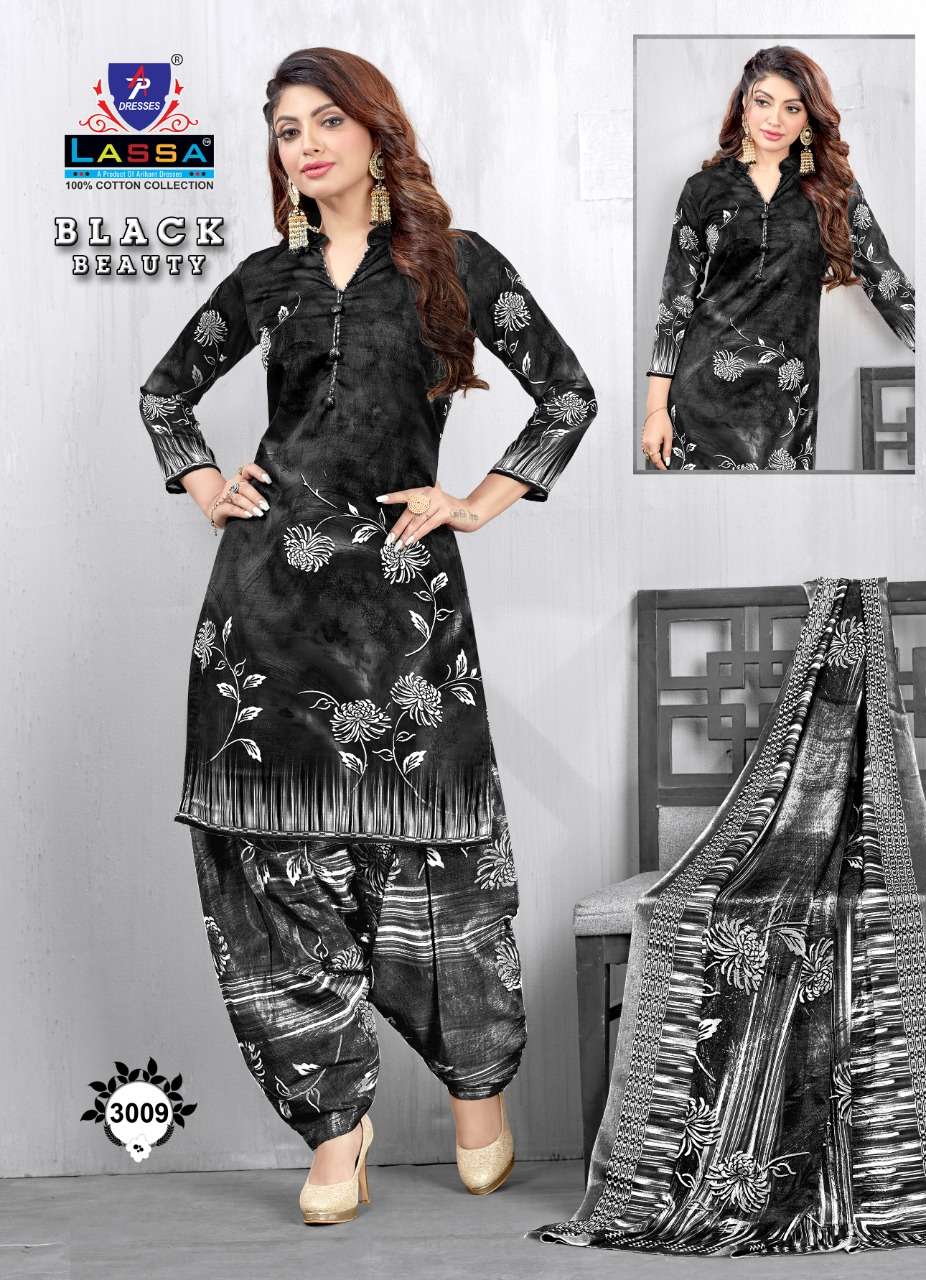 BLACK BEAUTY PATIYALA BY LASSA 3001 TO 3010 SERIES BEAUTIFUL SUITS COLORFUL STYLISH FANCY CASUAL WEAR & ETHNIC WEAR PURE COTTON DRESSES AT WHOLESALE PRICE