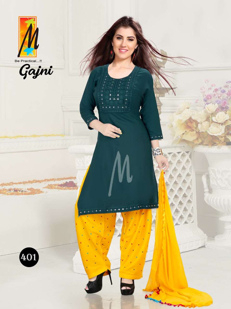 GAJNI BY M BE PRACTICAL 401 TO 408 SERIES BEAUTIFUL PATIYALA SUITS COLORFUL STYLISH FANCY CASUAL WEAR & ETHNIC WEAR RAYON WORK DRESSES AT WHOLESALE PRICE