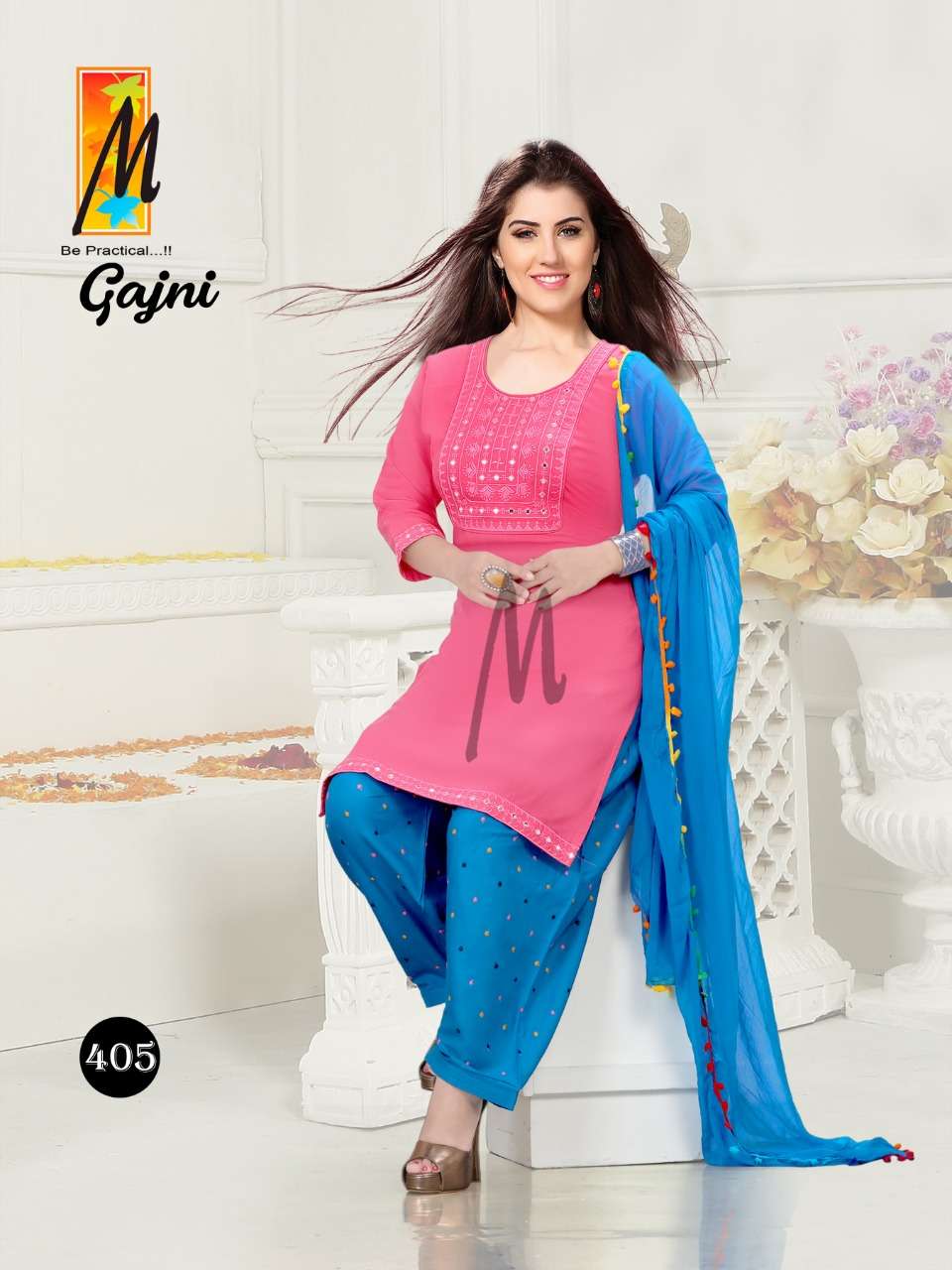 GAJNI BY M BE PRACTICAL 401 TO 408 SERIES BEAUTIFUL PATIYALA SUITS COLORFUL STYLISH FANCY CASUAL WEAR & ETHNIC WEAR RAYON WORK DRESSES AT WHOLESALE PRICE