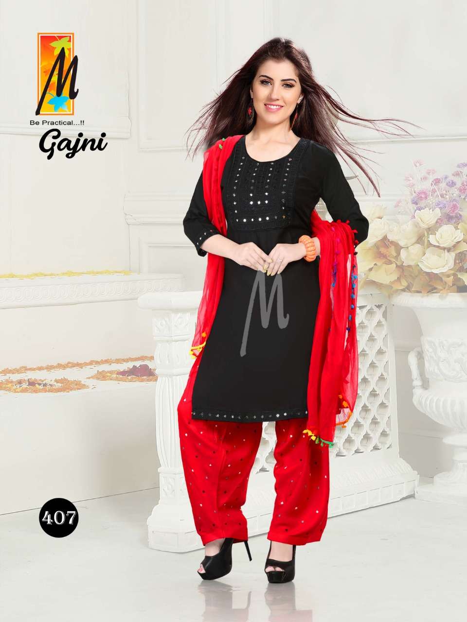 GAJNI BY M BE PRACTICAL 401 TO 408 SERIES BEAUTIFUL PATIYALA SUITS COLORFUL STYLISH FANCY CASUAL WEAR & ETHNIC WEAR RAYON WORK DRESSES AT WHOLESALE PRICE