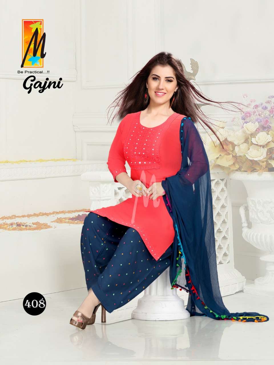 GAJNI BY M BE PRACTICAL 401 TO 408 SERIES BEAUTIFUL PATIYALA SUITS COLORFUL STYLISH FANCY CASUAL WEAR & ETHNIC WEAR RAYON WORK DRESSES AT WHOLESALE PRICE