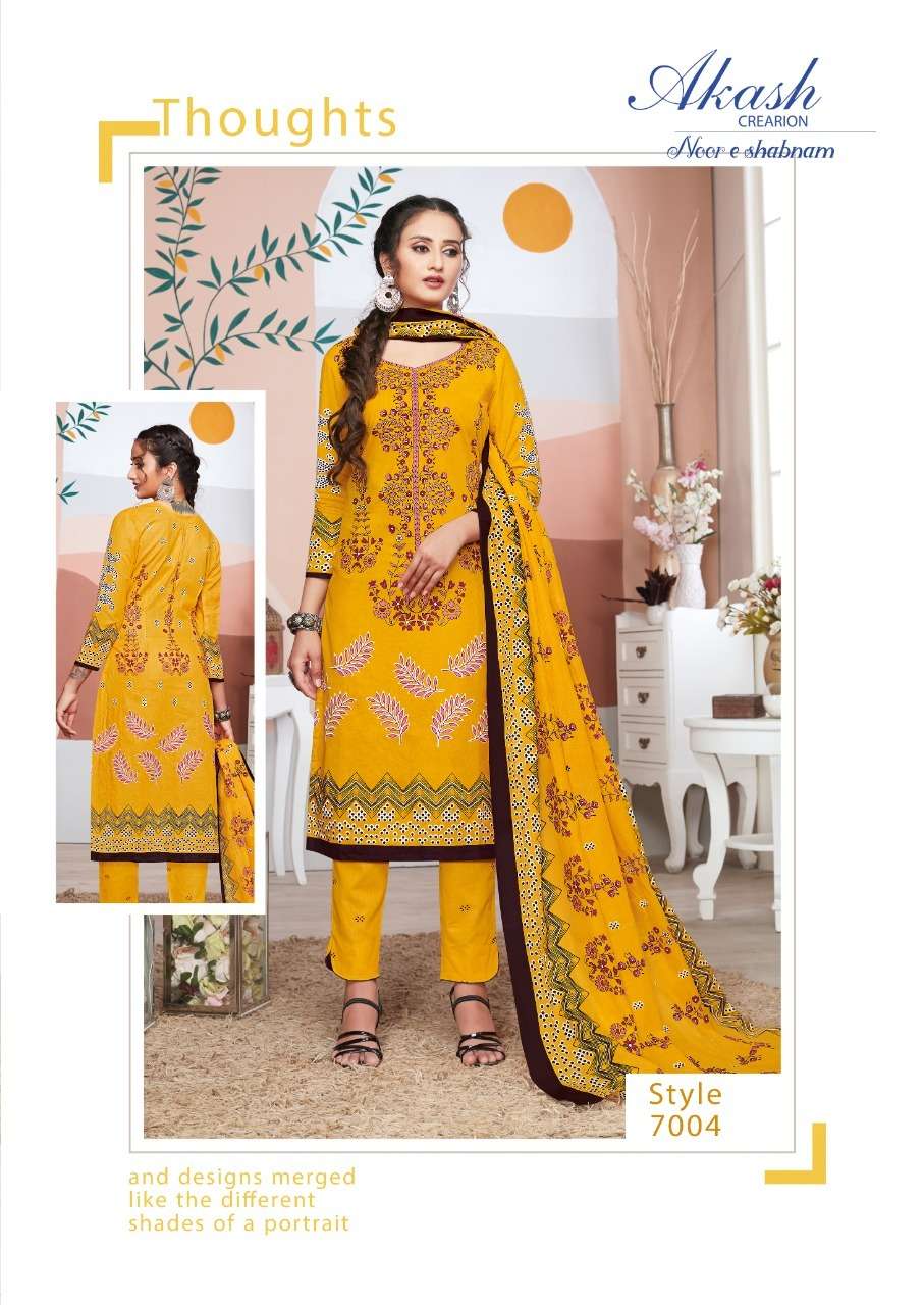NOOR E SHABNAM VOL-7 BY AKASH CREATION 7001 TO 7010 SERIES BEAUTIFUL STYLISH SUITS FANCY COLORFUL CASUAL WEAR & ETHNIC WEAR & READY TO WEAR PURE KARACHI COTTON PRINTED DRESSES AT WHOLESALE PRICE