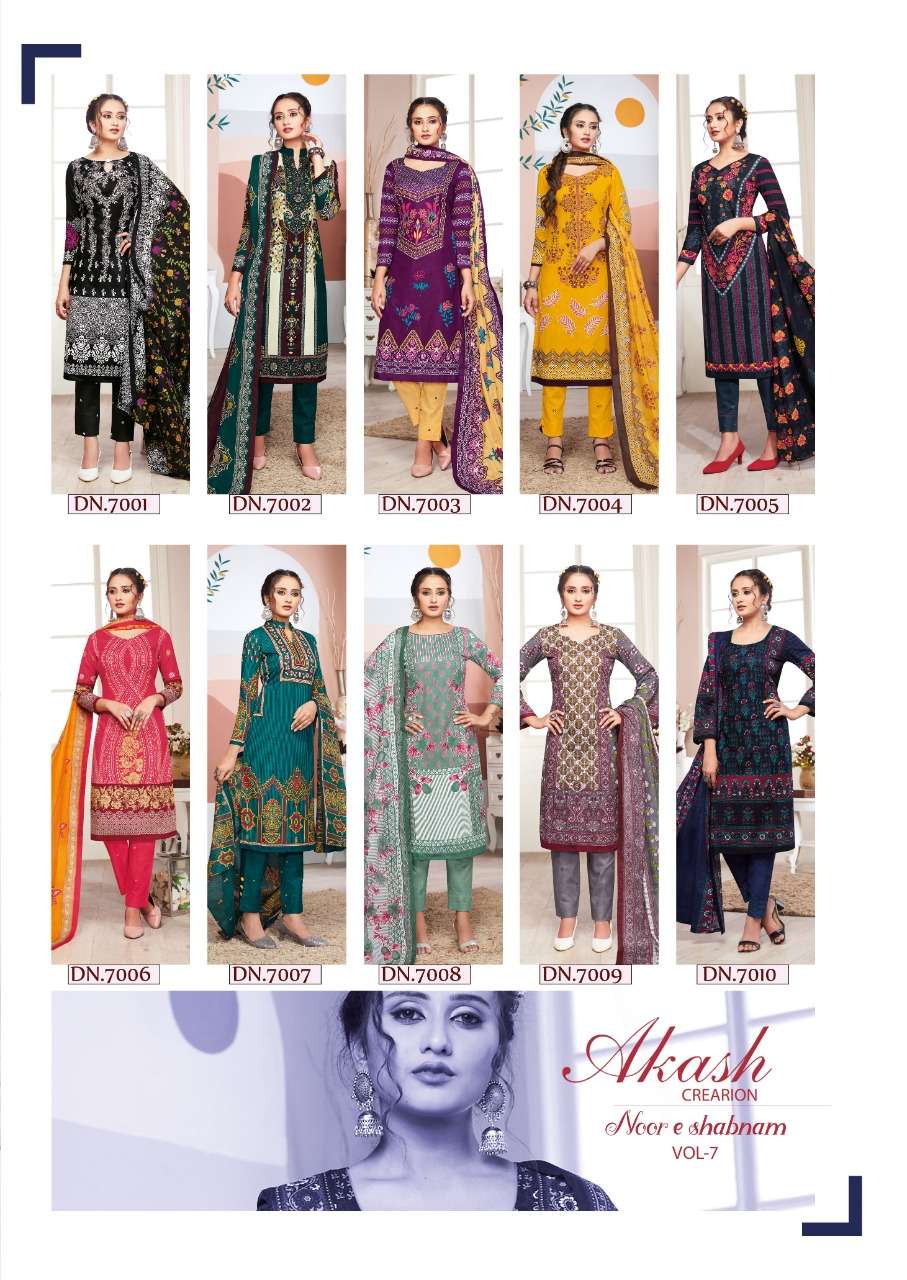 NOOR E SHABNAM VOL-7 BY AKASH CREATION 7001 TO 7010 SERIES BEAUTIFUL STYLISH SUITS FANCY COLORFUL CASUAL WEAR & ETHNIC WEAR & READY TO WEAR PURE KARACHI COTTON PRINTED DRESSES AT WHOLESALE PRICE