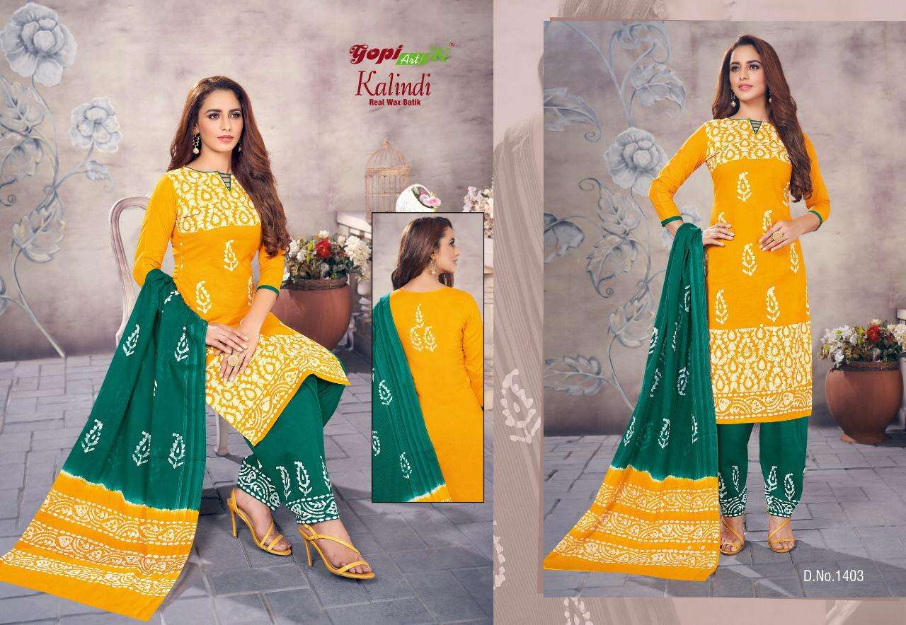 KALINDI BY GOPI ART 1401 TO 1414 SERIES BEAUTIFUL SUITS COLORFUL STYLISH FANCY CASUAL WEAR & ETHNIC WEAR BATTIK DRESSES AT WHOLESALE PRICE