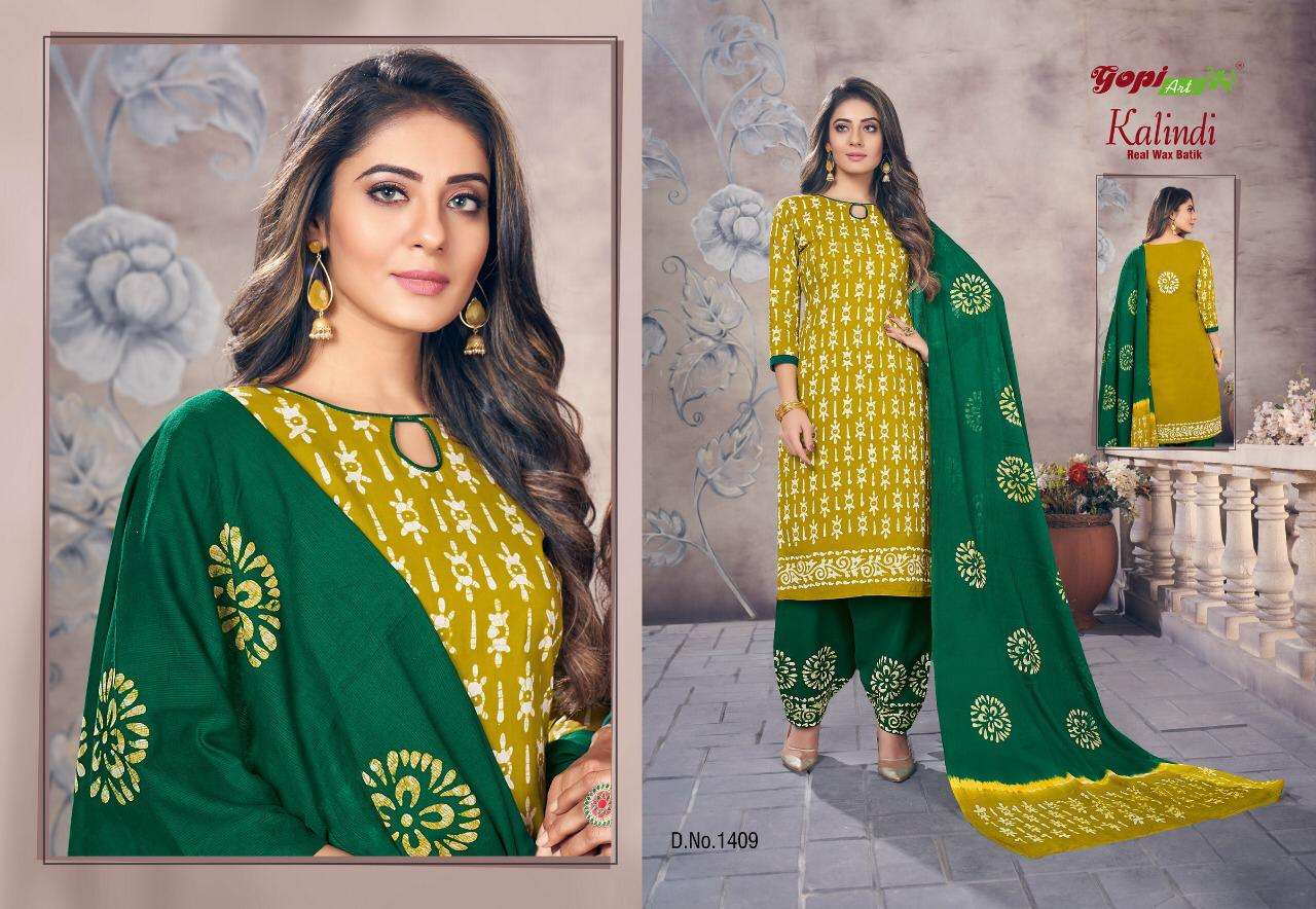 KALINDI BY GOPI ART 1401 TO 1414 SERIES BEAUTIFUL SUITS COLORFUL STYLISH FANCY CASUAL WEAR & ETHNIC WEAR BATTIK DRESSES AT WHOLESALE PRICE