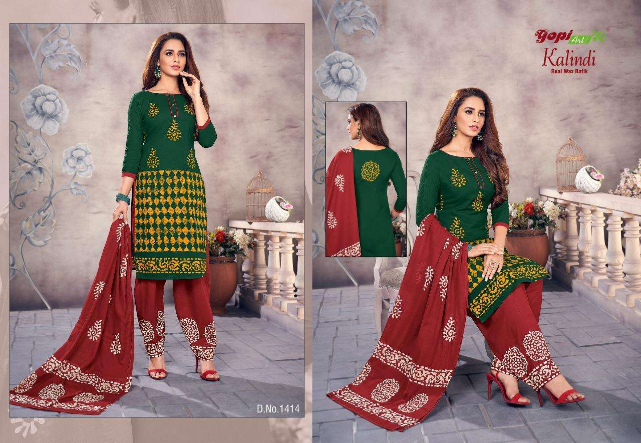 KALINDI BY GOPI ART 1401 TO 1414 SERIES BEAUTIFUL SUITS COLORFUL STYLISH FANCY CASUAL WEAR & ETHNIC WEAR BATTIK DRESSES AT WHOLESALE PRICE