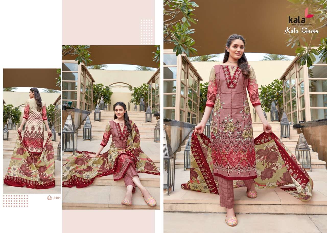 QUEEN VOL-1 BY KALA 3101 TO 3112 SERIES BEAUTIFUL SUITS STYLISH FANCY COLORFUL CASUAL WEAR & ETHNIC WEAR PURE COTTON DRESSES AT WHOLESALE PRICE