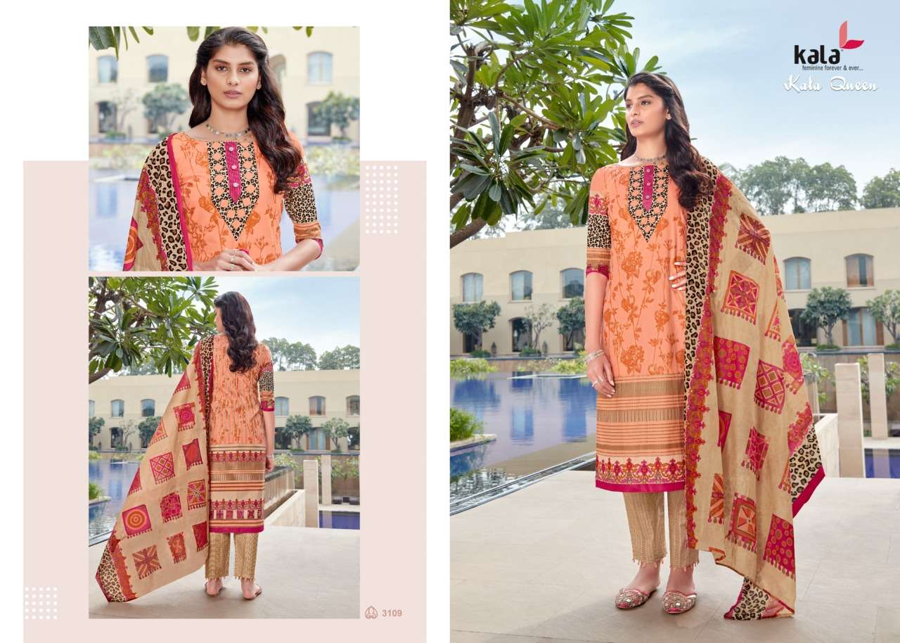 QUEEN VOL-1 BY KALA 3101 TO 3112 SERIES BEAUTIFUL SUITS STYLISH FANCY COLORFUL CASUAL WEAR & ETHNIC WEAR PURE COTTON DRESSES AT WHOLESALE PRICE