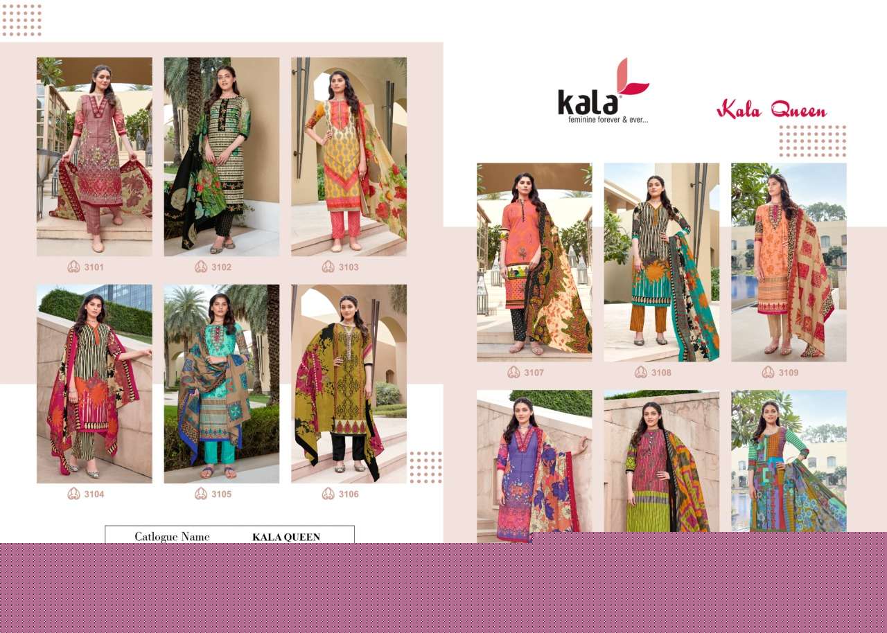QUEEN VOL-1 BY KALA 3101 TO 3112 SERIES BEAUTIFUL SUITS STYLISH FANCY COLORFUL CASUAL WEAR & ETHNIC WEAR PURE COTTON DRESSES AT WHOLESALE PRICE