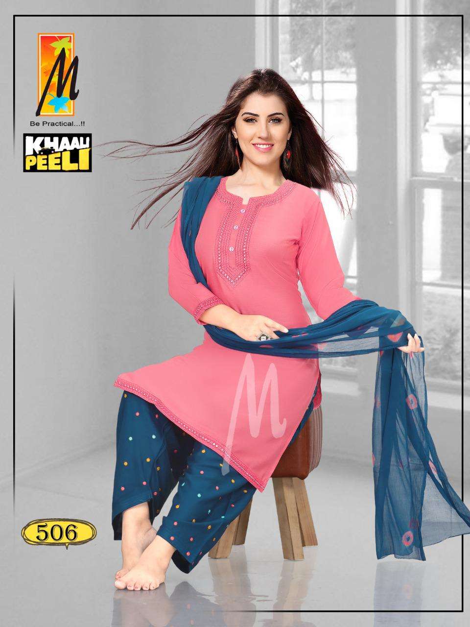 KHALI PEELI BY M BE PRACTICAL 501 TO 508 SERIES BEAUTIFUL SUITS COLORFUL STYLISH FANCY CASUAL WEAR & ETHNIC WEAR RAYON WORK DRESSES AT WHOLESALE PRICE