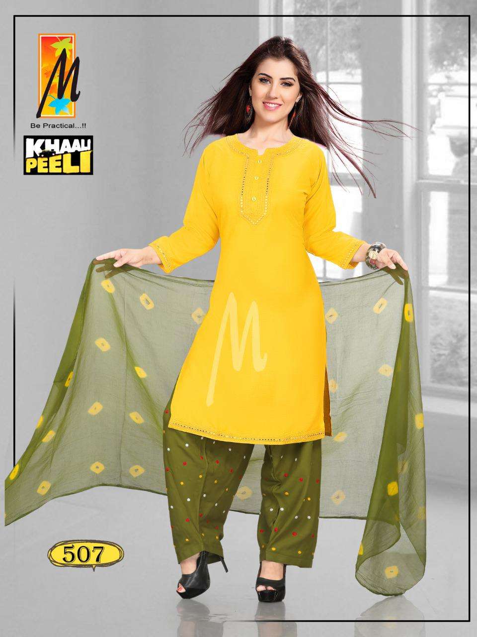 KHALI PEELI BY M BE PRACTICAL 501 TO 508 SERIES BEAUTIFUL SUITS COLORFUL STYLISH FANCY CASUAL WEAR & ETHNIC WEAR RAYON WORK DRESSES AT WHOLESALE PRICE