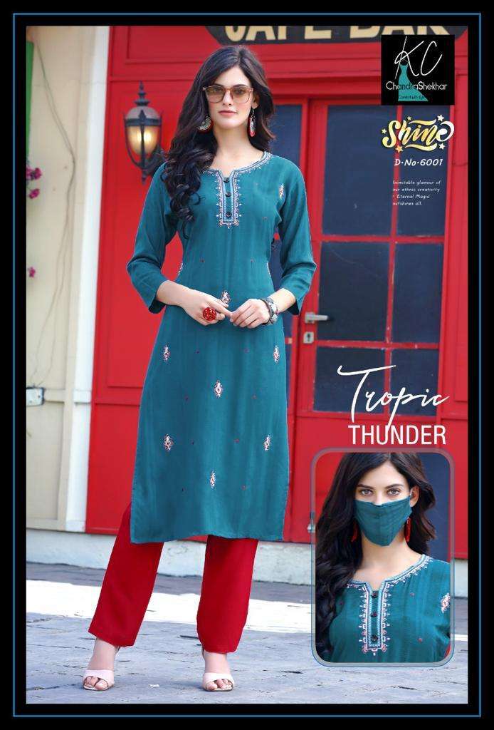SHINE VOL-6 BY KC 6001 TO 6008 SERIES DESIGNER STYLISH FANCY COLORFUL BEAUTIFUL PARTY WEAR & ETHNIC WEAR COLLECTION HEAVY RAYON VISCOSE KURTIS WITH BOTTOM AT WHOLESALE PRICE