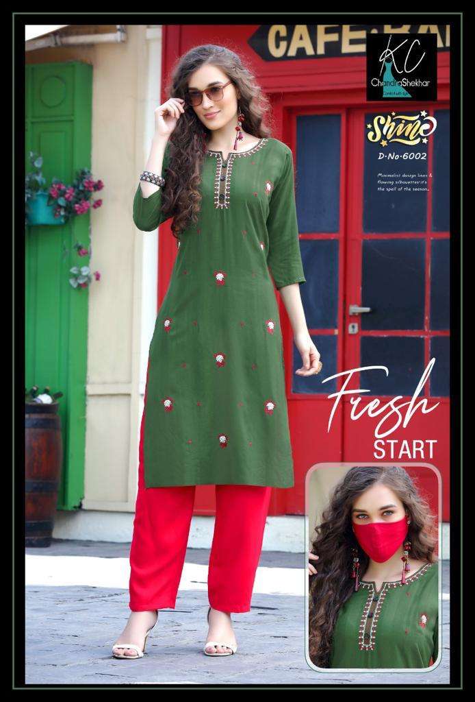 SHINE VOL-6 BY KC 6001 TO 6008 SERIES DESIGNER STYLISH FANCY COLORFUL BEAUTIFUL PARTY WEAR & ETHNIC WEAR COLLECTION HEAVY RAYON VISCOSE KURTIS WITH BOTTOM AT WHOLESALE PRICE