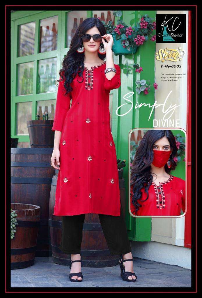 SHINE VOL-6 BY KC 6001 TO 6008 SERIES DESIGNER STYLISH FANCY COLORFUL BEAUTIFUL PARTY WEAR & ETHNIC WEAR COLLECTION HEAVY RAYON VISCOSE KURTIS WITH BOTTOM AT WHOLESALE PRICE