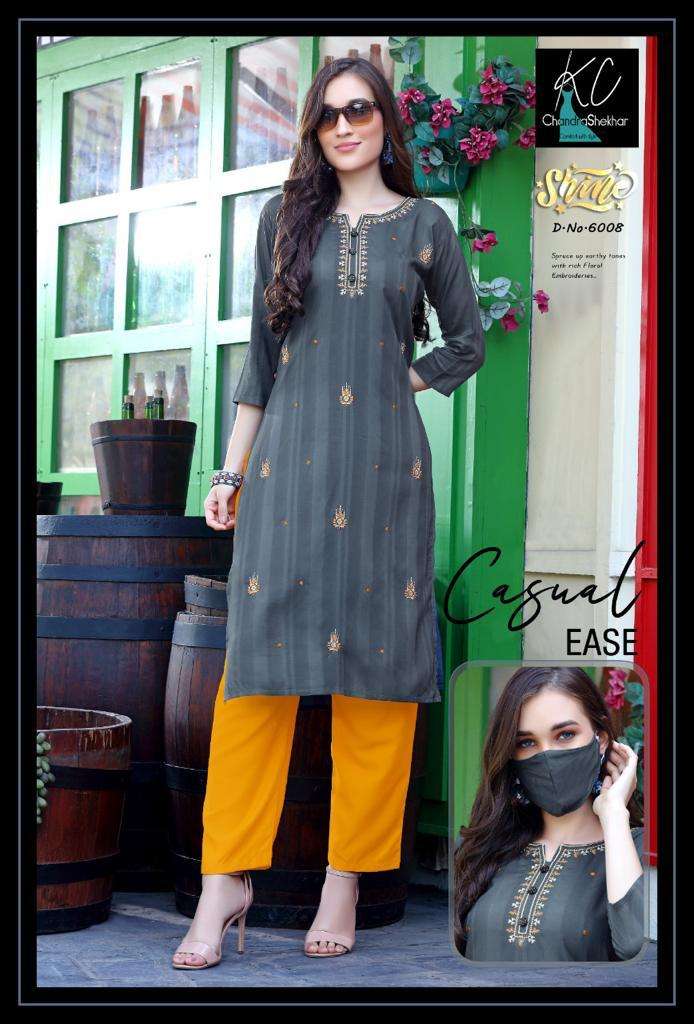 SHINE VOL-6 BY KC 6001 TO 6008 SERIES DESIGNER STYLISH FANCY COLORFUL BEAUTIFUL PARTY WEAR & ETHNIC WEAR COLLECTION HEAVY RAYON VISCOSE KURTIS WITH BOTTOM AT WHOLESALE PRICE