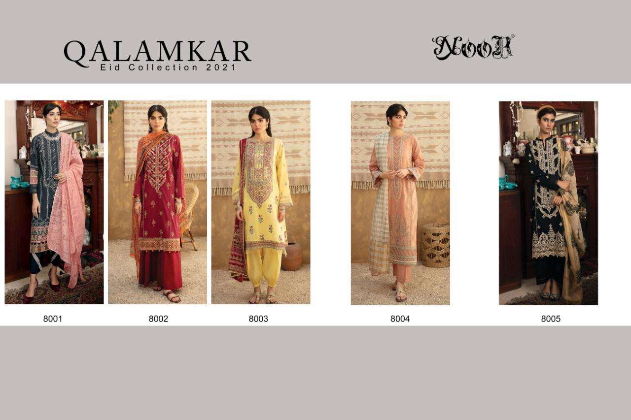 QALAMKAR BY NOOR 8001 TO 8005 BEAUTIFUL COLORFUL STYLISH FANCY CASUAL WEAR & ETHNIC WEAR & READY TO WEAR PURE COTTON WITH EMBROIDERY DRESSES AT WHOLESALE PRICE