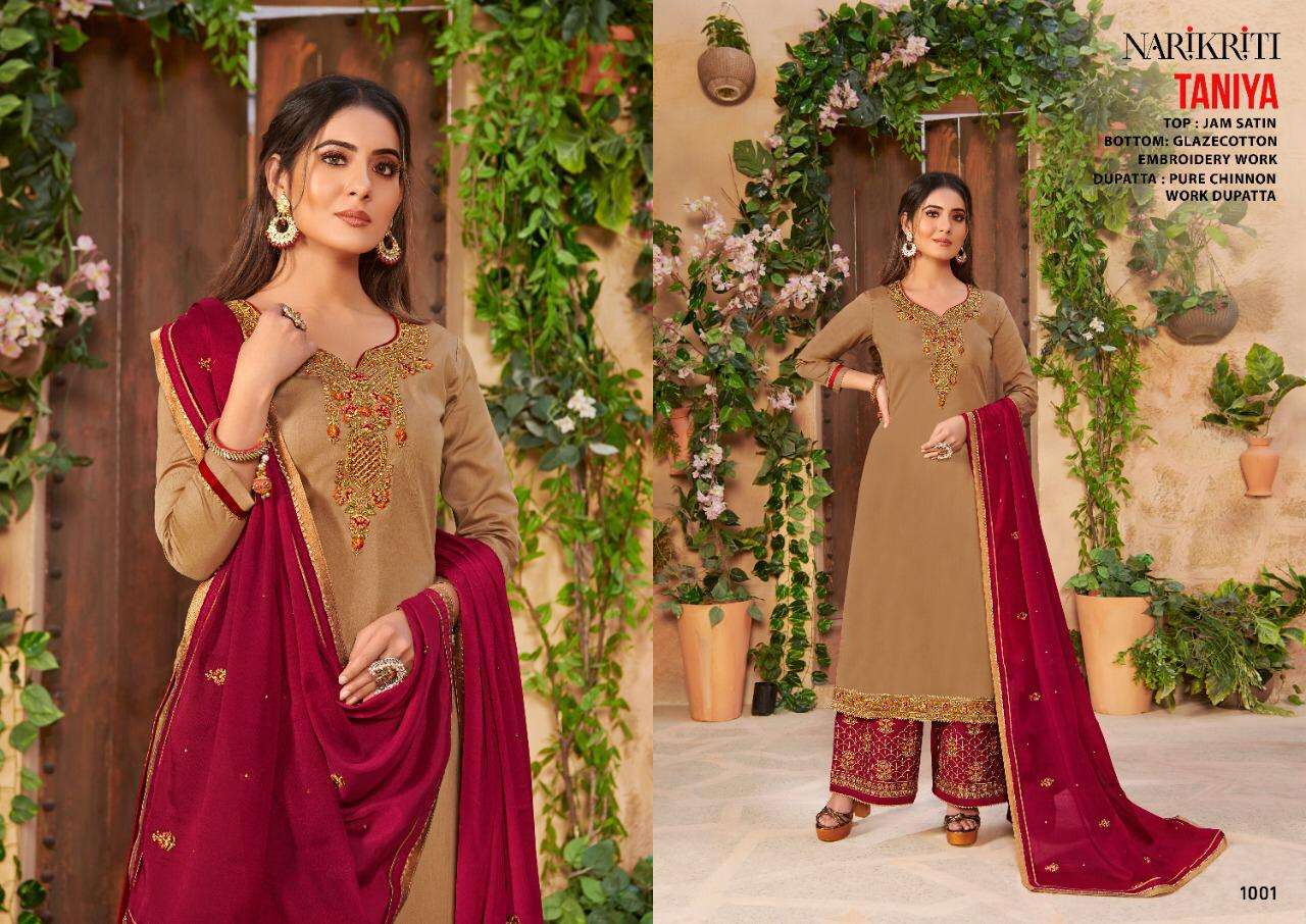 TANIYA BY NARIKRITI 1001 TO 1006 SERIES BEAUTIFUL STYLISH SHARARA SUITS FANCY COLORFUL CASUAL WEAR & ETHNIC WEAR & READY TO WEAR JAM SATIN DRESSES AT WHOLESALE PRICE