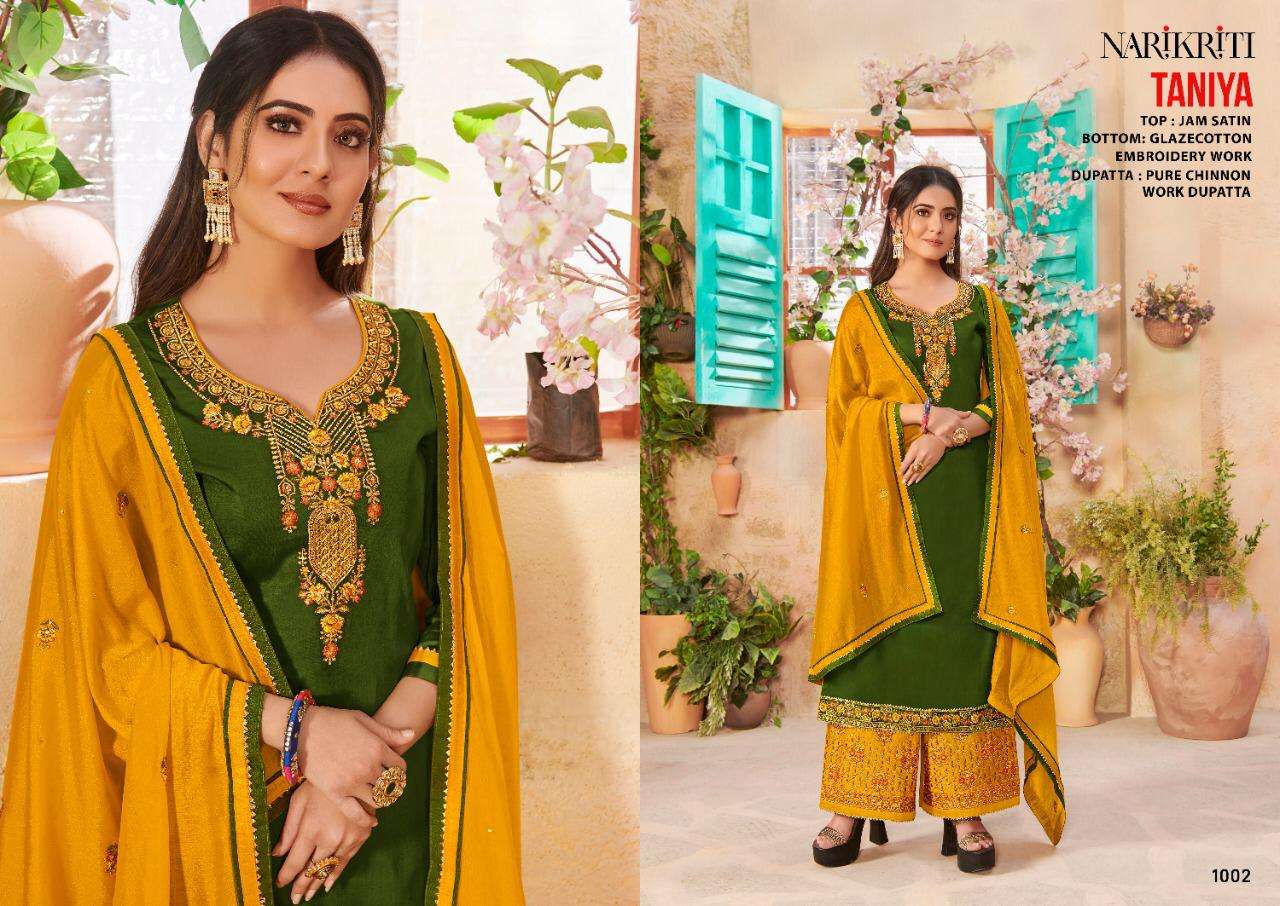 TANIYA BY NARIKRITI 1001 TO 1006 SERIES BEAUTIFUL STYLISH SHARARA SUITS FANCY COLORFUL CASUAL WEAR & ETHNIC WEAR & READY TO WEAR JAM SATIN DRESSES AT WHOLESALE PRICE