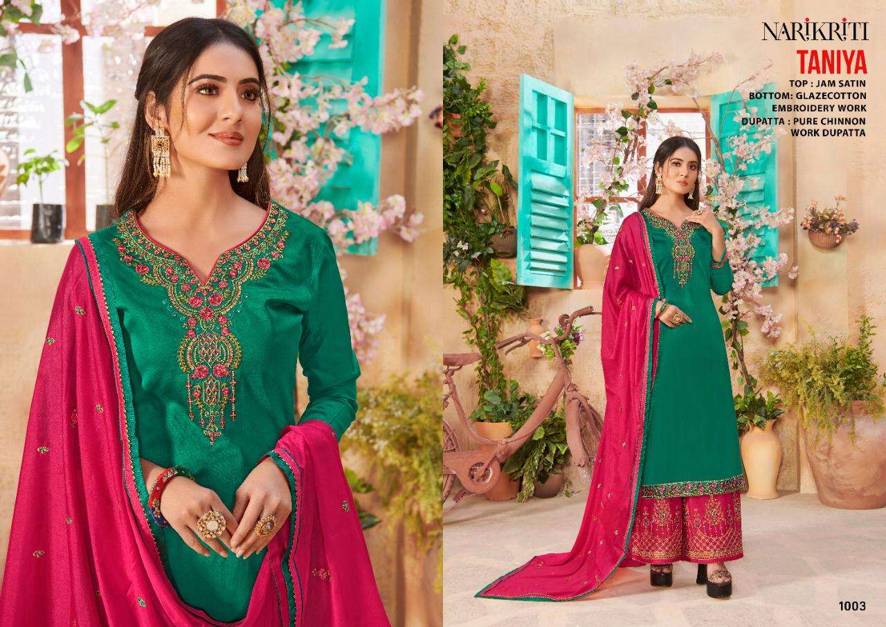 TANIYA BY NARIKRITI 1001 TO 1006 SERIES BEAUTIFUL STYLISH SHARARA SUITS FANCY COLORFUL CASUAL WEAR & ETHNIC WEAR & READY TO WEAR JAM SATIN DRESSES AT WHOLESALE PRICE