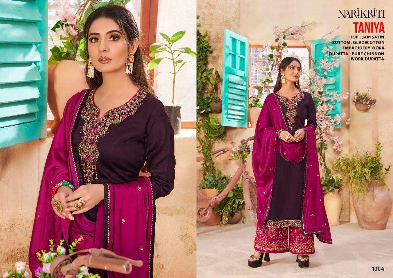 TANIYA BY NARIKRITI 1001 TO 1006 SERIES BEAUTIFUL STYLISH SHARARA SUITS FANCY COLORFUL CASUAL WEAR & ETHNIC WEAR & READY TO WEAR JAM SATIN DRESSES AT WHOLESALE PRICE