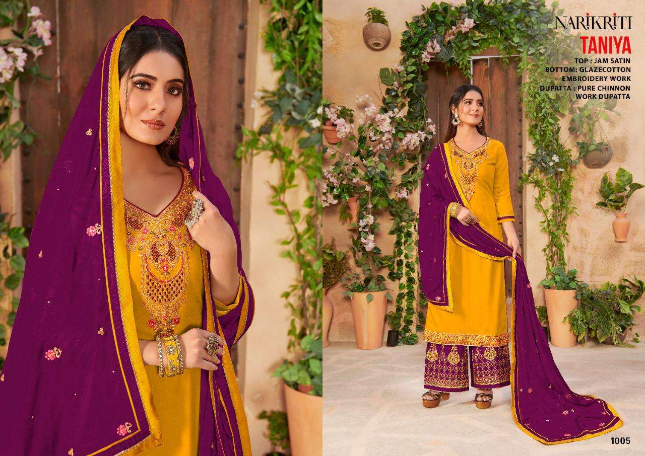 TANIYA BY NARIKRITI 1001 TO 1006 SERIES BEAUTIFUL STYLISH SHARARA SUITS FANCY COLORFUL CASUAL WEAR & ETHNIC WEAR & READY TO WEAR JAM SATIN DRESSES AT WHOLESALE PRICE