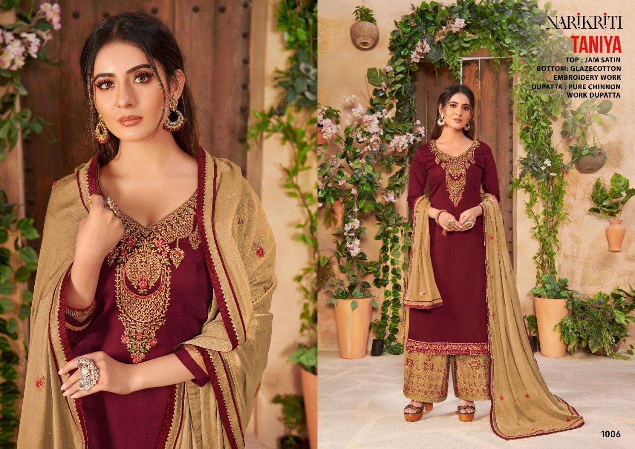 TANIYA BY NARIKRITI 1001 TO 1006 SERIES BEAUTIFUL STYLISH SHARARA SUITS FANCY COLORFUL CASUAL WEAR & ETHNIC WEAR & READY TO WEAR JAM SATIN DRESSES AT WHOLESALE PRICE