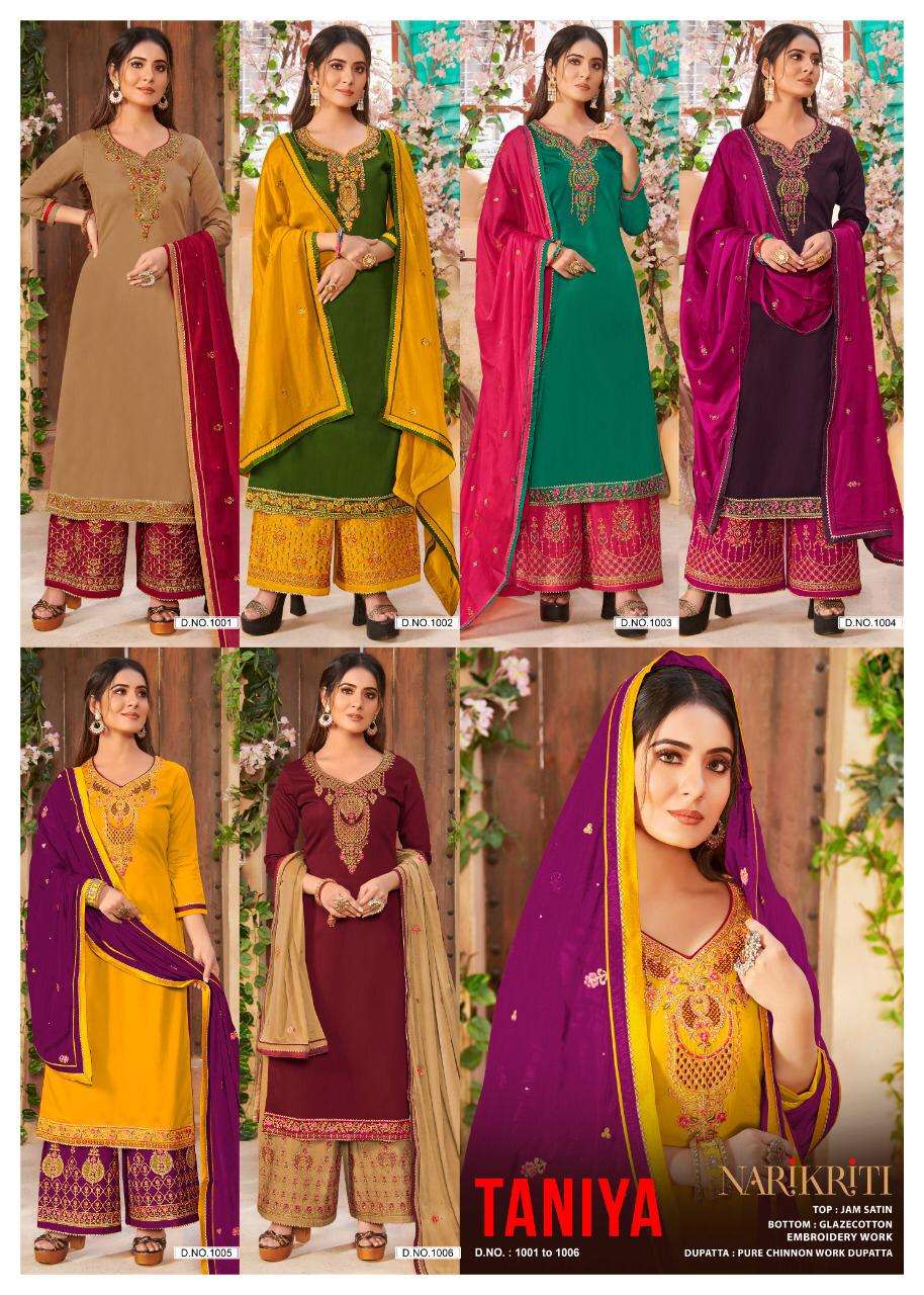 TANIYA BY NARIKRITI 1001 TO 1006 SERIES BEAUTIFUL STYLISH SHARARA SUITS FANCY COLORFUL CASUAL WEAR & ETHNIC WEAR & READY TO WEAR JAM SATIN DRESSES AT WHOLESALE PRICE