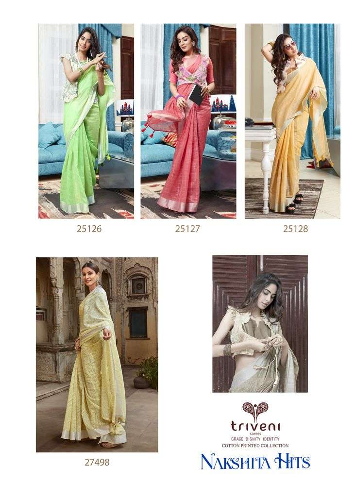 NAKSHITA HITS BY TRIVENI INDIAN TRADITIONAL WEAR COLLECTION BEAUTIFUL STYLISH FANCY COLORFUL PARTY WEAR & OCCASIONAL WEAR COTTON LINEN PRINT SAREES AT WHOLESALE PRICE
