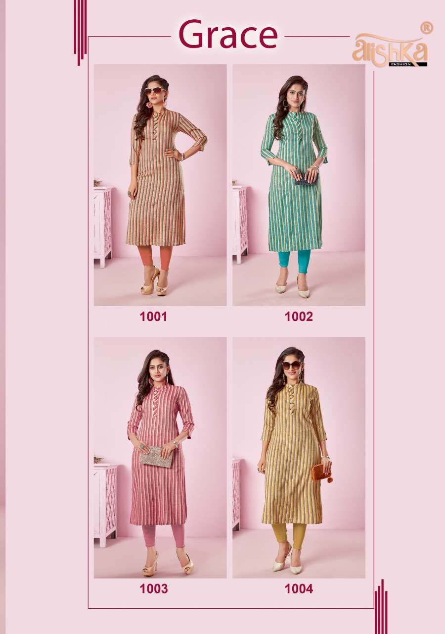 GRACE BY ALISHKA FASHION 1001 TO 1004 SERIES DESIGNER STYLISH FANCY COLORFUL BEAUTIFUL PARTY WEAR & ETHNIC WEAR COLLECTION RAYON FOIL PRINT KURTIS AT WHOLESALE PRICE