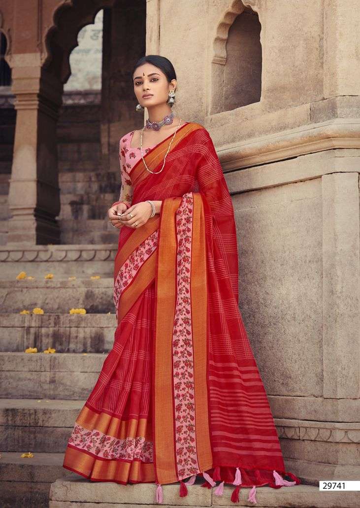 GANGA JAMUNA BY TRIVENI 29741 TO 29748 SERIES INDIAN TRADITIONAL WEAR COLLECTION BEAUTIFUL STYLISH FANCY COLORFUL PARTY WEAR & OCCASIONAL WEAR COTTON LINEN PRINT SAREES AT WHOLESALE PRICE